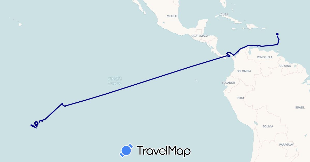 TravelMap itinerary: driving in Colombia, France, Grenada, Netherlands, Panama, Saint Vincent and the Grenadines, Venezuela (Europe, North America, South America)